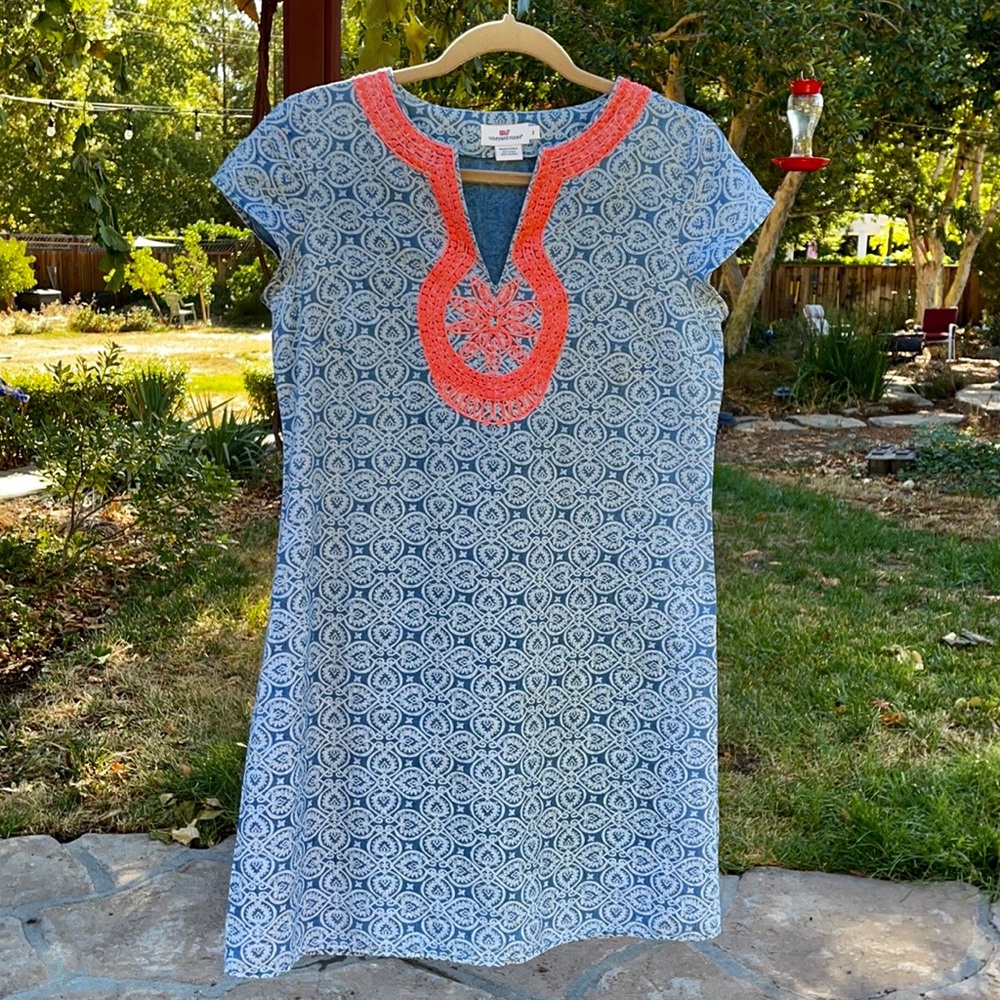 🐳 VINEYARD VINES; Pretty Chambray/Neon Orange Linen/Cotton Dress; Misses Size 2